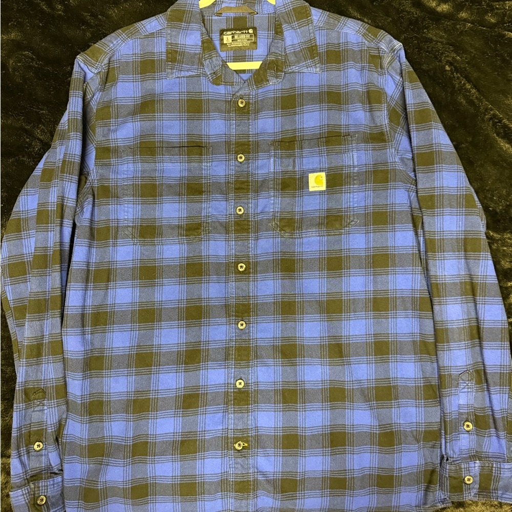 Carhartt Men's Blue and Black Plaid Button-Down Shirt